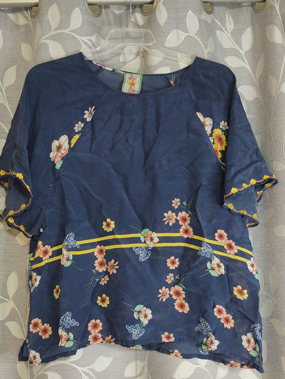 Johnny Was Navy Floral Short Sleeve Blouse with Yellow Stripe size L